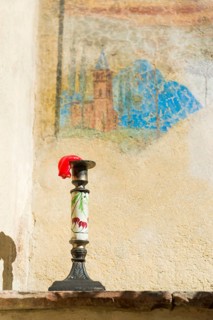 Candle melted to a bend in front of a church drawing, church, mourning, negative, church