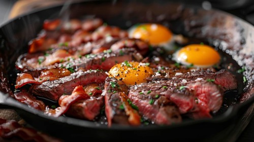 Cast iron pan with thick steak and eggs cooking. generative AI, AI generated