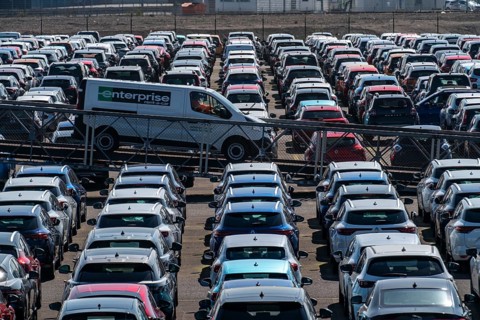 Car terminal in the inland port Logport I, in Duisburg on the Rhine, vehicle handling of new cars,