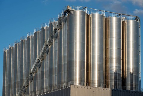 Stainless steel tanks of a large silo facility in Duisburg inland harbour, Duisburg-Neuenkamp, for