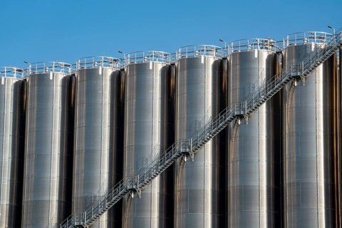 Stainless steel tanks of a large silo facility in Duisburg inland harbour, Duisburg-Neuenkamp, for