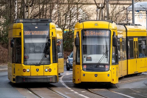 Ruhrbahn trams, at Essen-Steele S-Bahn station, interface between rail transport and tram and bus
