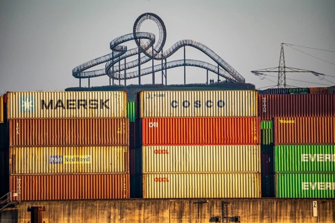 Container Handling Centre, Gateway West Terminal, Logport 2, cargo ship, in Duisburg on the Rhine,