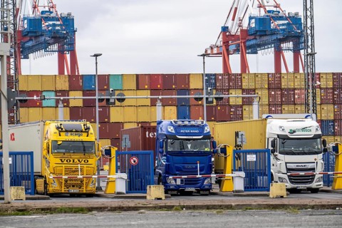 Entry and exit for container lorries, to the MSC container terminal in the seaport of Bremerhaven,