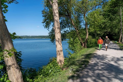 Hiking on the Baldeney Steig, a hiking trail around Lake Baldeney in Essen, a Ruhr reservoir, over