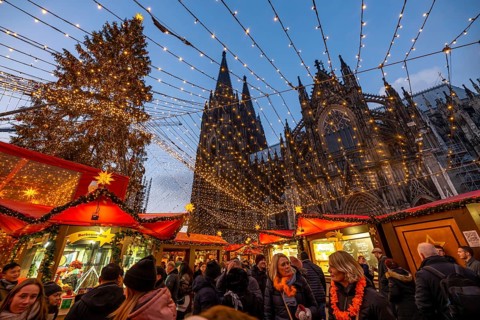 Christmas market on Roncallli Square, right next to Cologne Cathedral, in the historic centre of