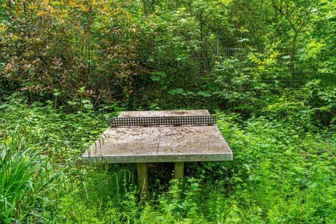 Lost Places, old table tennis table on an abandoned, closed playground, overgrown and surrounded by