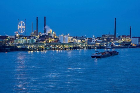 Backdrop of Chempark Leverkusen, Bayer Leverkusen, chemical park, chemical plant, river Rhine,