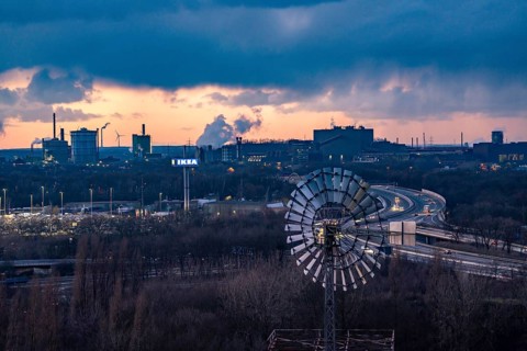 Skyline of the steel location Duisburg, Thyssenkrupp Steel Europe, in Duisburg-Bruckhausen, sunset,