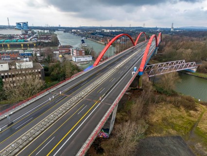 A42 motorway bridge, over the Rhine-Herne Canal, with massive structural damage, totally closed for