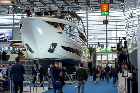 Large yachts, luxury yachts, in Hall 6 of BOOT 2024, the world's largest yacht and water sports
