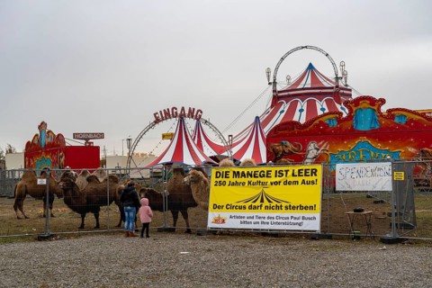 Circus Paul bush, shut down during the second corona lockdown, in Oberhausen, with posters pointing