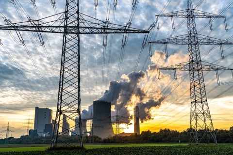 Lignite-fired power plant, RWE Power AG Niederaussem power plant, sunset, Bergheim, North