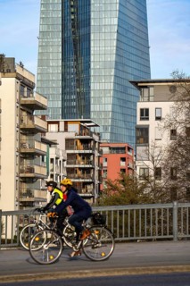 Building of the European Central Bank, ECB, on the Main in Frankfurt, residential buildings on the