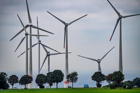 Wind farm east of Paderborn, on the B64 federal highway, North Rhine-Westphalia, Germany, Europe