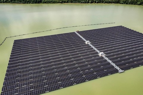 Germany's largest floating solar power plant on the Silbersee III, a quarry pond no longer used for