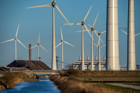 Eemshaven, wind farm, behind the Eemscentrale gas and steam power station, Groningen, Netherlands