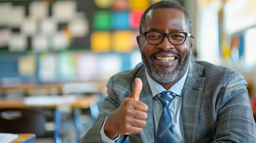Proud african american male teacher giving a bright smile and a thumbs up in his classroom.