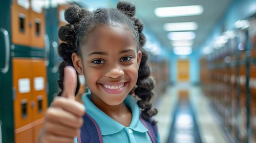 Cute african american school girl giving a thumbs up in the hallway of her school. generative AI,