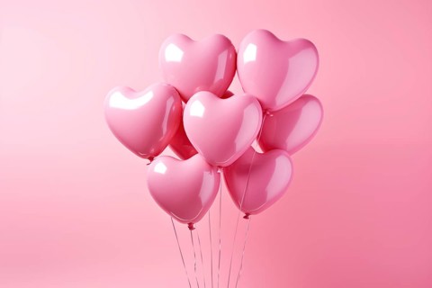 Bunch of glossy pink heart-shaped balloons against a soft pink background, perfect for Valentine's