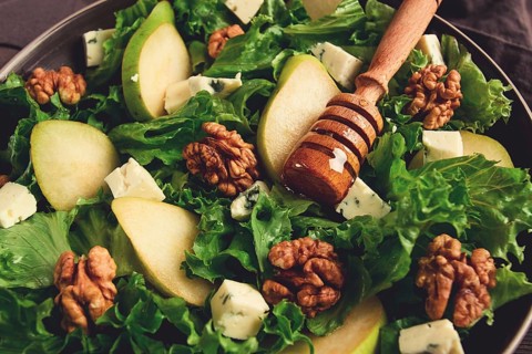 Keto Salad, pear with blue cheese and walnut, selective focus, no people, close-up