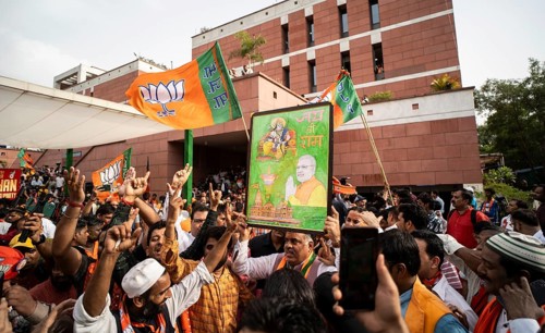 New Delhi, India, 4 June 2024. Bharatiya Janata Party (BJP) supporters celebrate as India's Prime