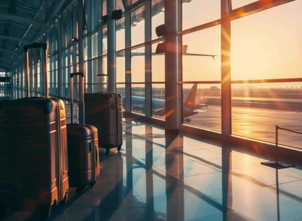 Passenger travel suitcases and bags in the airport terminal, concept of travel and vacation, AI