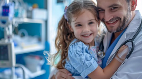 Doctor hugging little girl in hospital room. Smiling young girl being held by a doctor, AI