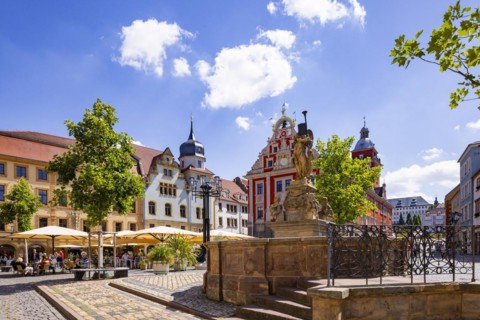 Bell fountain on the main market square, Gotha, Thuringia, Germany, Europe