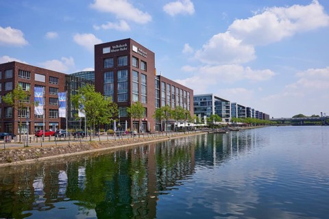 Head office and main cash desk of Volksbank Rhein-Ruhr and office building at the inner harbour in