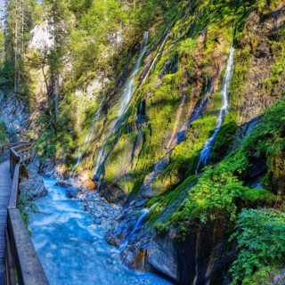 A crystal-clear river flows through moss-covered rocks and trees in a tranquil natural landscape,
