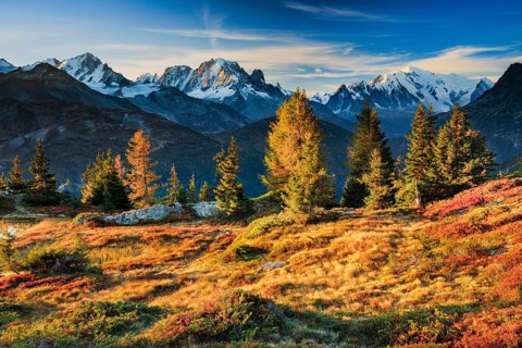 View of the Aiguille Verte and Mont Blanc in the first morning light in the Savoy, France, Europe