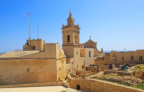 Cathedral church tower and ruins inside citadel castle walls Il-Kastell, Victoria Rabat, Gozo,