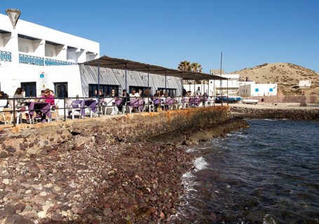 Waterside restaurant, Isleta de Moro village, Cabo de Gata natural park, Nijar, Almeria, Spain,