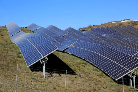 Array of solar panels on a bright sunny day, Sierra Alhamilla, near Nijar, Almeria, Spain, Europe