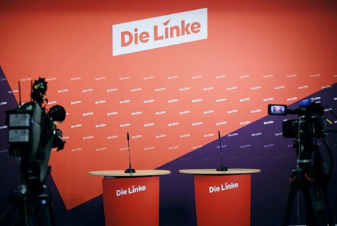 Press wall in the party headquarters of the Left Party, in the Karl Liebknecht House in Kleine