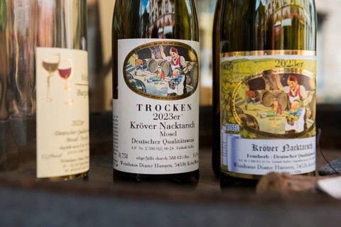 Funny wine labels, Traben-Trarbach, Moselle, Rhineland-Palatinate, Germany, Europe