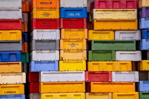 The town harbour of Sassnitz, island of Rügen, boxes of fish waiting for the new catch, at the