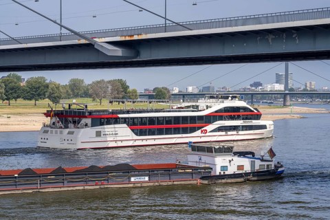 Shipping traffic on the Rhine near Düsseldorf, KD Schiff Rhein Galaxie, excursion ship, party ship,