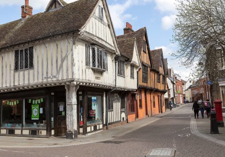 Historic architecture half timbered Tudor buildings, Silent Street, Ipswich, Suffolk, England, UK