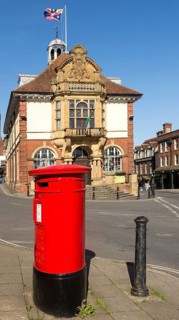 Historic town hall building in centre of Marlborough, Wiltshire, England, UK