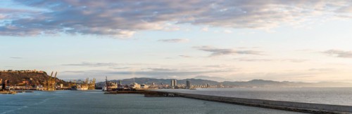 Panorama of of Cruise Ships Terminal and Barcelona at sunrise, Catalonia, Spain, Europe