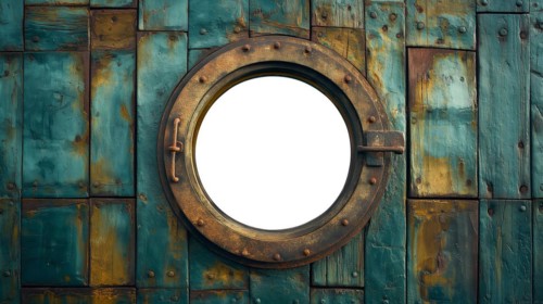Vintage aged brass ship porthole mounted on a wooden hull with a white background. generative AI,