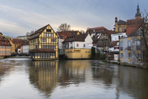 Eckert's Tavern, Regnitz, Blue Hour, Bamberg, Lower Franconia, Bavaria, Germany, Europe