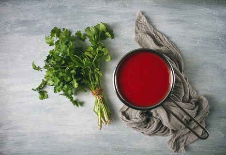Tomato sauce with pepper and spices, Satsebeli, Georgian cuisine, red sauce, top view, homemade, no