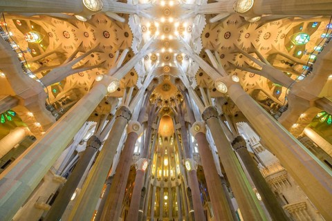 Nave, ceiling vault, columns, Sagrada Familia, Basilica by Antoni Gaudi, Barcelona, Catalonia,