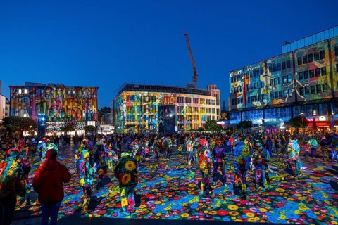 Essen Light Festival, in the city centre, light art on Kennedyplatz, the Berlin artist Daniel