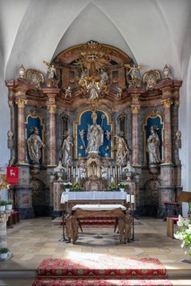 Baroque, three-part high altar in the church of St Kilian, Pretzfeld, Upper Franconia, Bavaria,