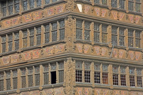 Facade of Maison Kammerzell built in 1427, historic half-timbered house with decorations, wood