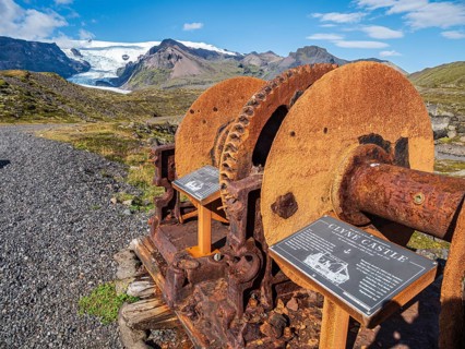 Memorial of the ship Clyne Castle, stranded at the sandy beach of the southern icelandic coast,